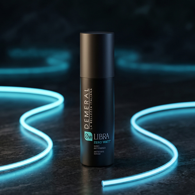 immagine prodotto Libra, flacone nero con elementi azzurri. Poggia su sfondo nero con neon azzurri